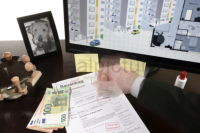 Die Szene zeigt den Vorgang der Genehmigung eines Bauantrages, ermöglicht durch Bestechung.